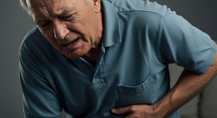 Man Experiencing Abdominal Pain Gripping Stomach in Distress