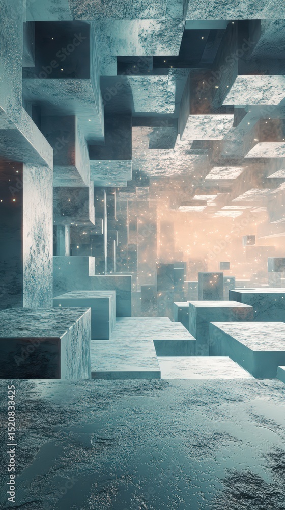 Poster geometric abstract: an exploration of concrete forms and celestial light streams