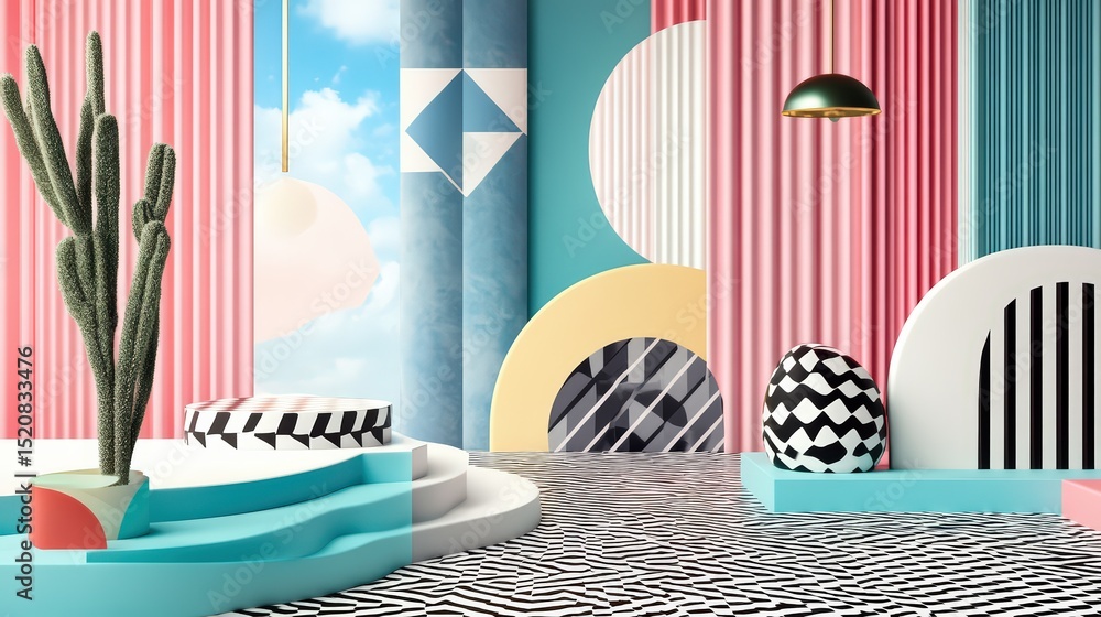 Aufkleber geometric abstraction with cactus and pastel tones creating a surreal stage