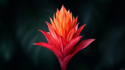 Vibrant Tropical Flower With Orange And Red Petals Against Dark Green Background