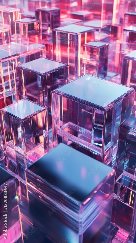 Poster geometric precision: iridescent crystal cubes in dynamic light and shadow