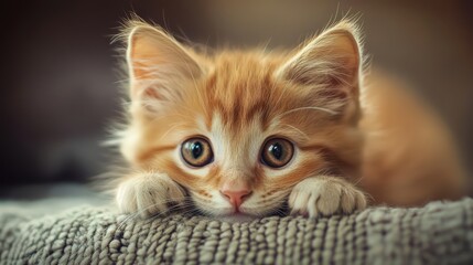 Ginger kitten with expressive eyes resting on a textured cozy blanket