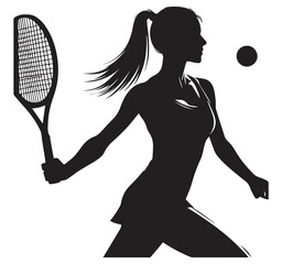 Powerful Black Silhouette of Female Tennis Player Hitting Tennis Ball Dynamic Sports Action