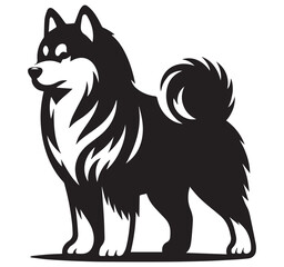 Black and White Fluffy Dog Silhouette Vector Graphic Illustration Standing Profile Spitz Breed