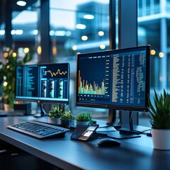 Fototapeta premium Professional financial trading workstation with dual monitors displaying complex data charts and graphs for stock market analysis in a modern office