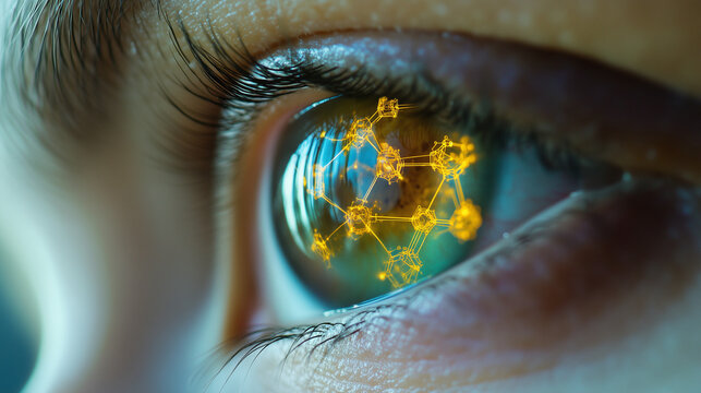 Macro of human eye with the reflection of glowing chemical structures and molecule diagrams. Concept of insight, passion for science, National Science Day, World Science Day

