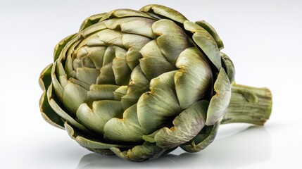 Fototapeta premium Artichoke and Asparagus Month. Fresh whole artichoke isolated on white background with closed green leaves