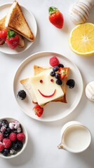 National French Toast Day. Breakfast spread with smiley cheese toast and fresh fruits