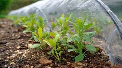 Naked Gardening Day. Young green plants growing under protective garden cover in outdoor setting