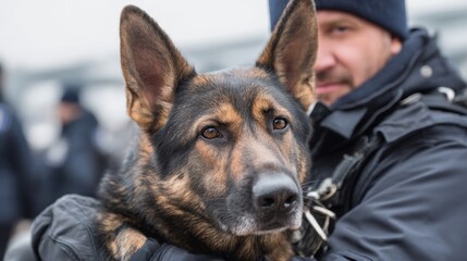 German shepherd and male handler in outdoor security setting