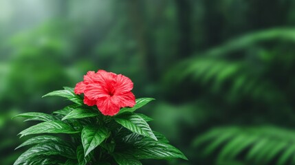 Vibrant Red Flower in a Lush Rainforest