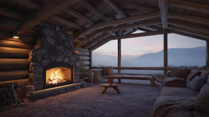 Cozy Log Cabin Living Room with Fireplace and Mountain View - Powered by Adobe