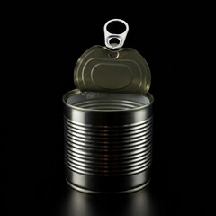 Opened metal food can on black background. Empty can with open lid showing a reflective surface.