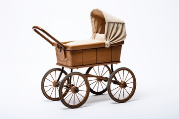 Vintage wooden baby stroller with wheels designed for children in a simple setting