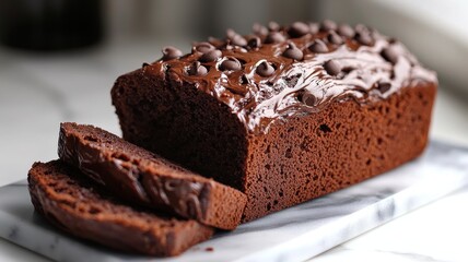World baking day with chocolate dessert idea. Chocolate loaf cake with slices on a marble board.