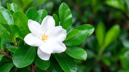White Flower Surrounded by Lush Green Leaves in Natural Light