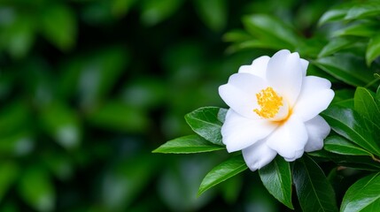 Obraz premium White Flower with Yellow Stamen and Green Leaves