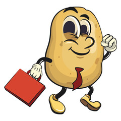cute cartoon potato mascot vector in a suitcase rushing to the office, happy smiling character isolated on transparent background, work of hand drawn