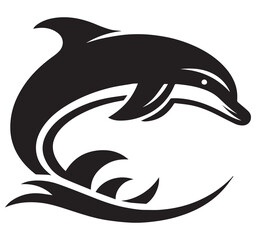 Fototapeta premium Dynamic Stylized Black Dolphin Leaping Over Ocean Waves Graphic Design Marine Animal Silhouette Logo Tattoo Artwork Vector Illustration