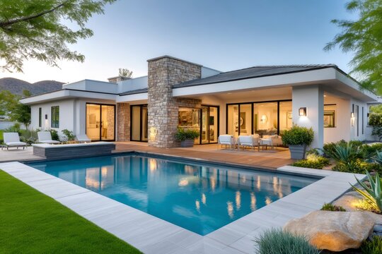 Modern luxury home exterior with swimming pool at dusk - Powered by Adobe