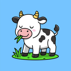 Cute Illustration Happy Cow Grazing Vector