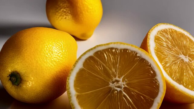 Close-up still life of whole and halved lemons showing vibrant yellow flesh and white pith on a reflective surface