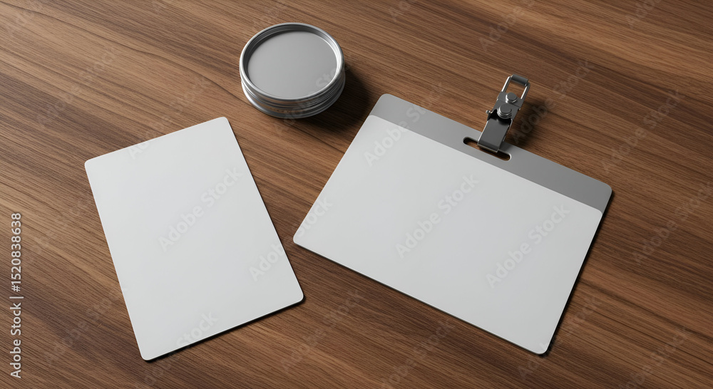 Poster blank employee id badge and card on wooden surface. flat lay of professional identification items re