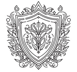 Decorative Line Art Shield with Floral Emblem and Ornate Nature Elements