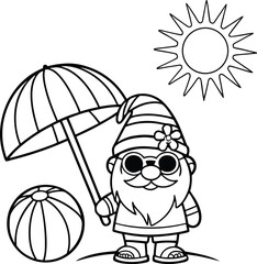 Adorable cartoon gnome enjoying a sunny beach day with beach ball and parasol