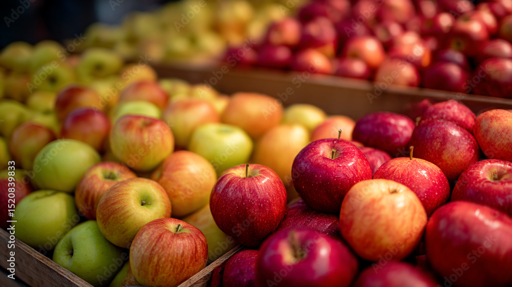 Poster a close up view of a variety of apples in wooden crates showcasing different colors and textures