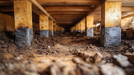 Crawl space interior view with wooden support beams and protective moisture barrier insulation above dirt ground condition inspection for foundation architecture construction and home building