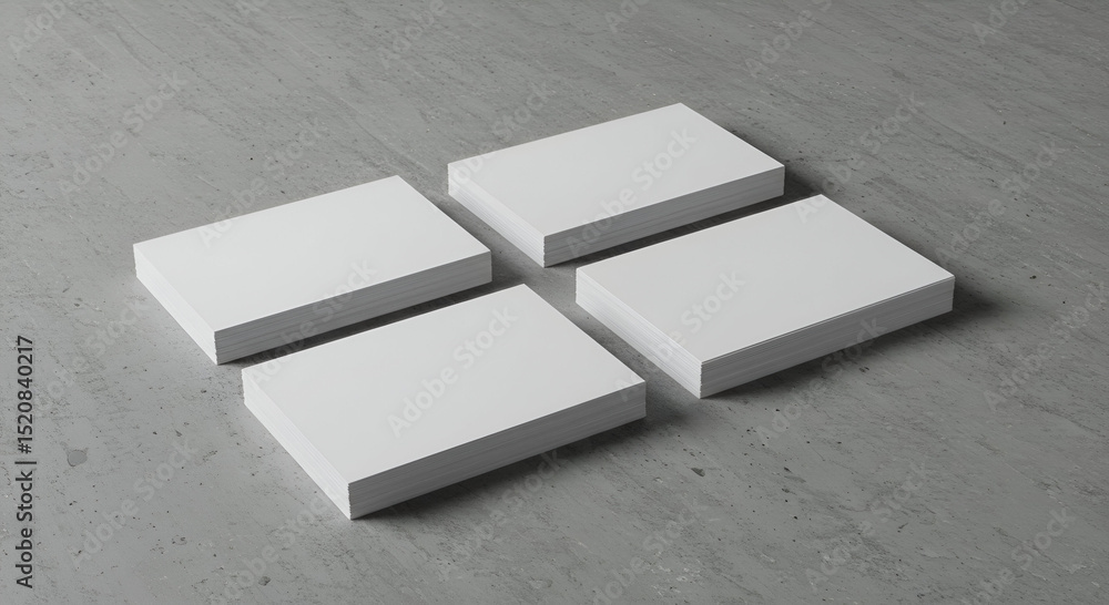 Poster blank business card stacks arranged on a gray concrete surface. four stacks of blank business cards 