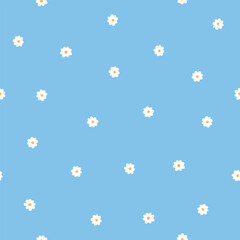 Cute seamless pattern with white flowers. Vector floral texture on blue background. Simple pattern for wrapping paper or textile.