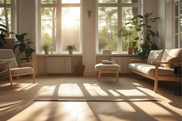 Fototapeta premium Sunlit Living Room Interior Design Sunlight Streaming Through Large Windows