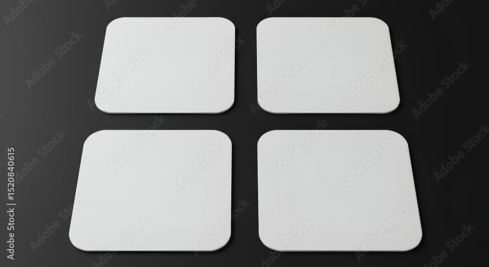 Poster four blank white square coasters arranged in a grid pattern on a dark surface. product display of bl