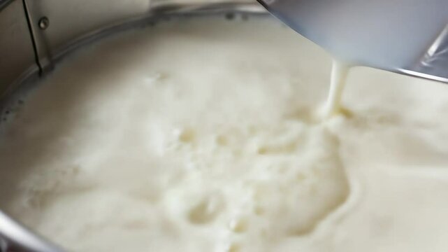 Milk pouring into a bucket on a dairy farm, for organic and natural products