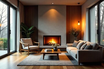 Cozy living room interior with warm lighting, featuring a comfortable sofa, fireplace, and inviting decor Perfect for home, interior design, and lifestyle projects , apartment, artwork, rustic