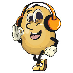 cute cartoon potato mascot vector listening to headset while dancing listening to headset while dancing, happy smiling character isolated on transparent background, work of hand drawn
