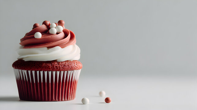 a tempting red velvet cupcake with creamy frosting, creating a delightful contrast. The image focuses on the sweet treat's details