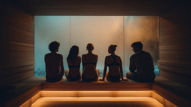 Contemporary Sauna Wellness: Group Relaxation and Meditation in a Calming Interior for Tranquil Health Retreat