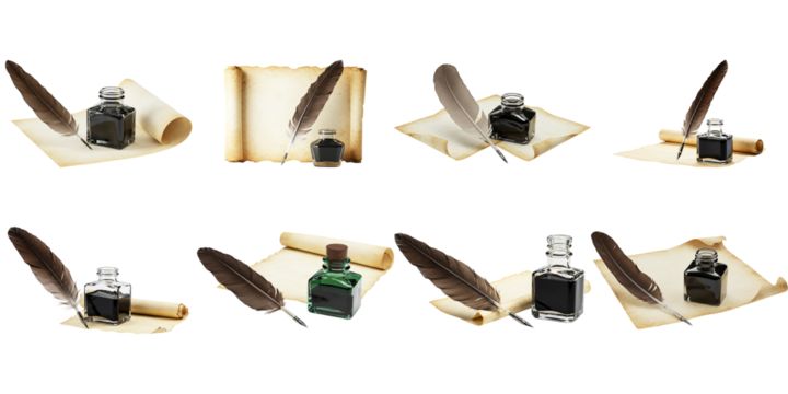 Elegant Quill and Ink Set evoke antique stories of writers and scholars against a pure black - Powered by Adobe