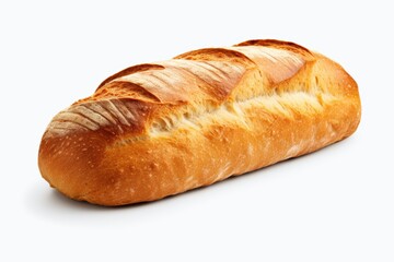 Freshly baked bread loaf with golden crust on white background showcasing artisanal craftsmanship