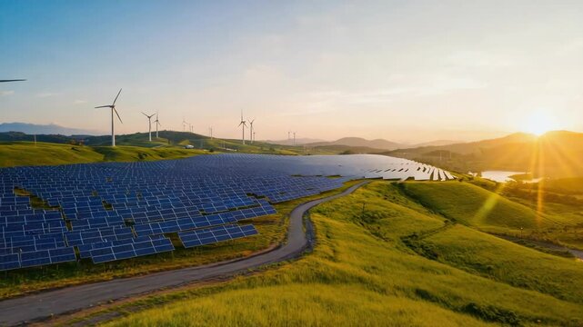 Renewable Energy Landscape with Solar Panels and Wind Turbines at Sunset