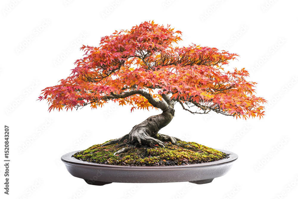 Poster a stunning bonsai tree with vibrant autumn foliage, showcasing intricate branching and a weathered t