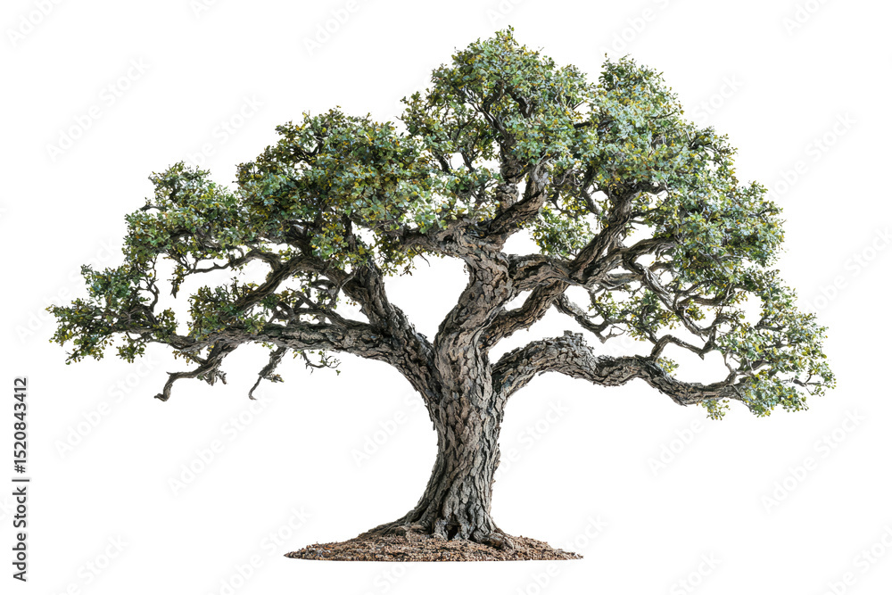 Poster ancient, majestic bonsai tree with gnarled trunk and lush foliage, isolated on transparent backgroun