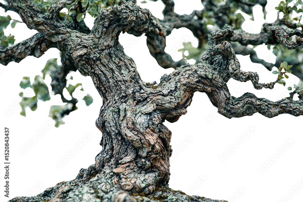 Poster Ancient bonsai tree with gnarled, textured bark and sparse foliage, isolated on a transparent background background removed