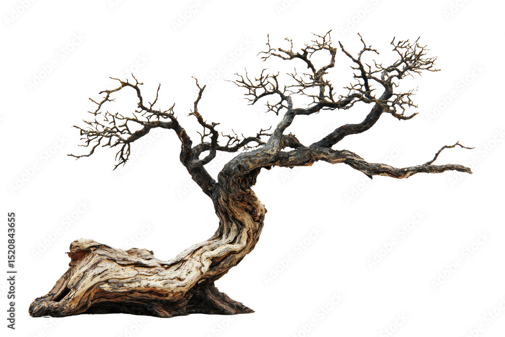 Poster ancient bonsai tree with gnarled, twisted branches and a thick trunk, isolated on a transparent back