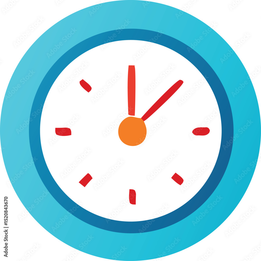 Poster simple analog clock design showing twenty minutes past the hour with a teal and red color scheme