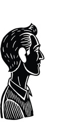 a simple woodcut style illustration of a man in profile view, featuring strong contrast between black and white areas