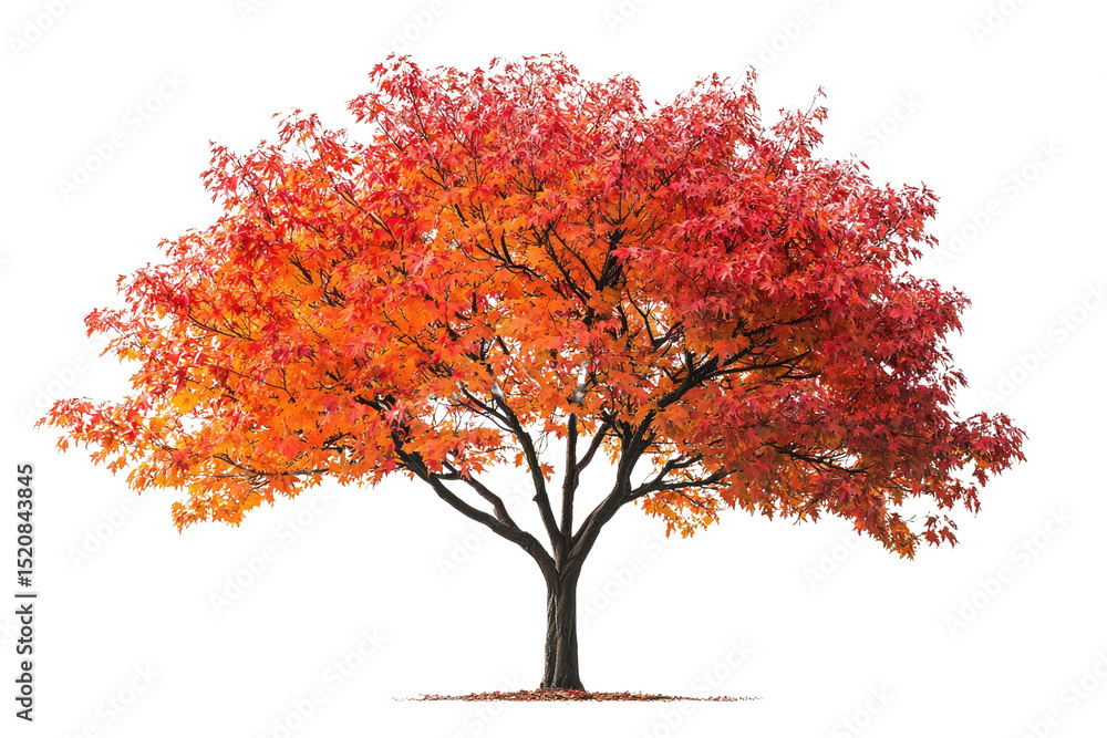 Poster a vibrant autumn maple tree with fiery orange and red leaves, isolated on a transparent background b